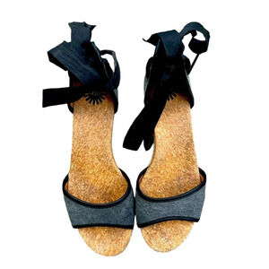 UGG Australia Amell Open Toe Canvas Lace Up Jute Wedge, Dark Gray/Black, Size 8